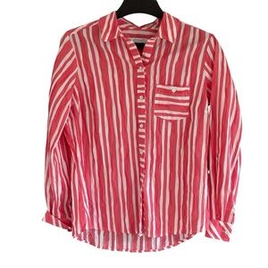Foxcroft Womens Button Down Long Sleeve Shirt Pink White Striped Size 10